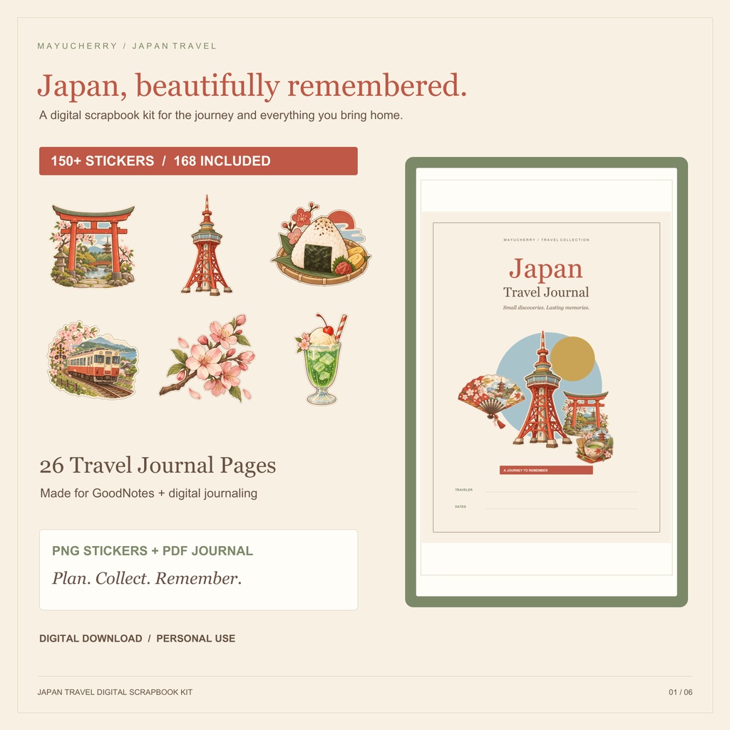 Japan Travel Digital Scrapbook Kit — 150+ Stickers & Travel Journal Pages for GoodNotes
