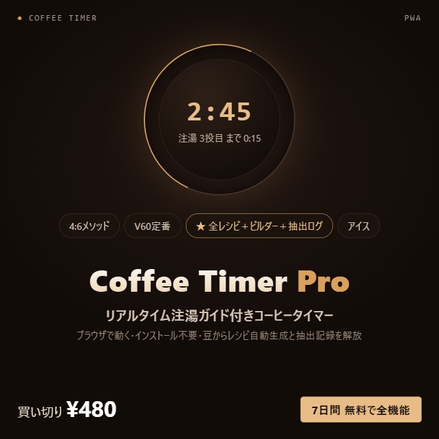 Coffee Timer Pro — 全レシピ＋レシピビルダー＋抽出ログ解放（注湯ガイド付きコーヒータイマー・ライセンスキー）