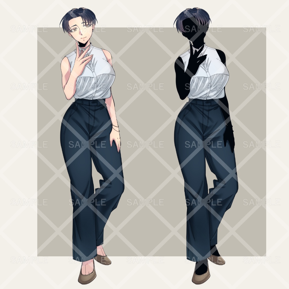 OL風女性立ち絵素材【表情差分なし・髪型差分3種・黒塗り差分3種】