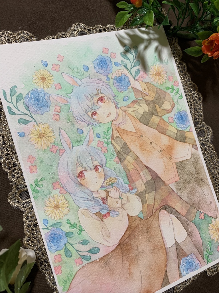【水彩額装原画】うさぎの兄妹