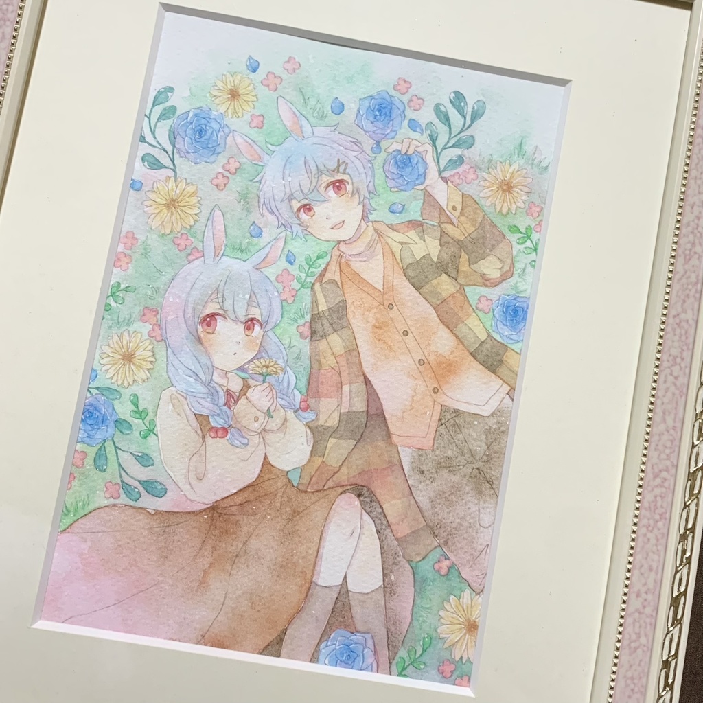 【水彩額装原画】うさぎの兄妹