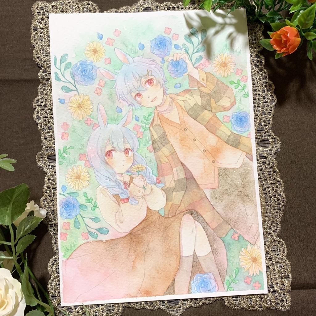 【水彩額装原画】うさぎの兄妹