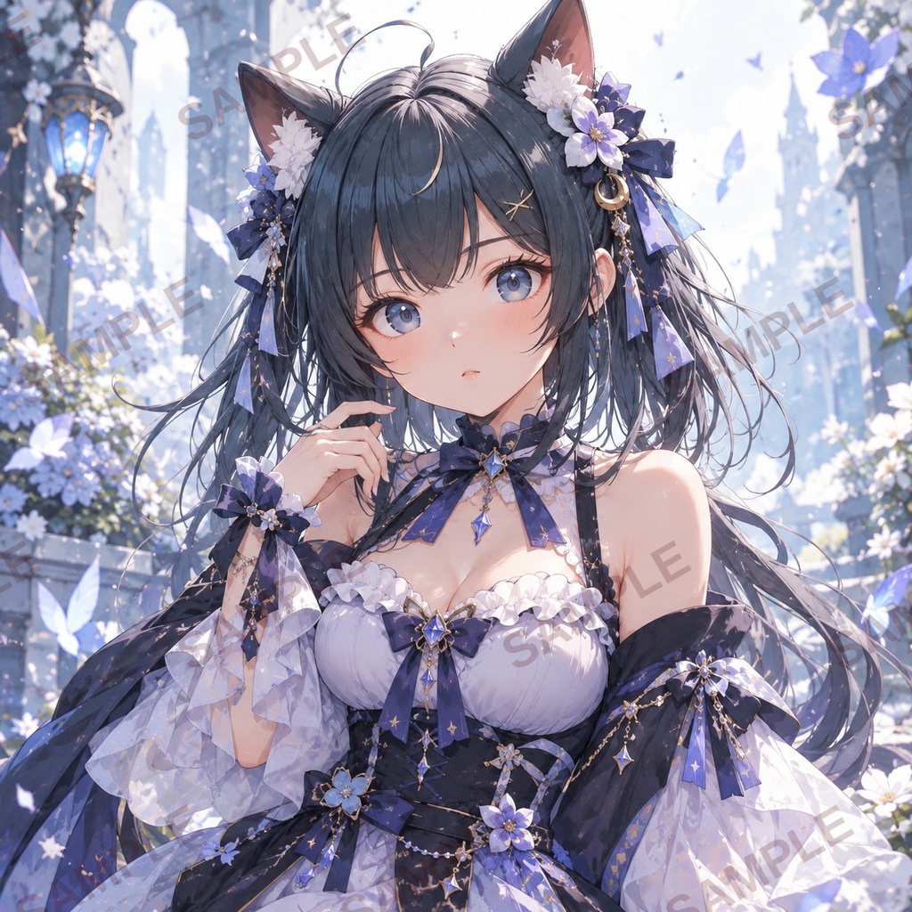 【3枚セット】青と白の幻想・猫耳少女のデジタルイラスト