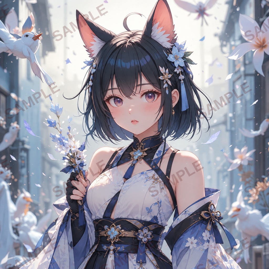 【3枚セット】青と白の幻想・猫耳少女のデジタルイラスト⁠