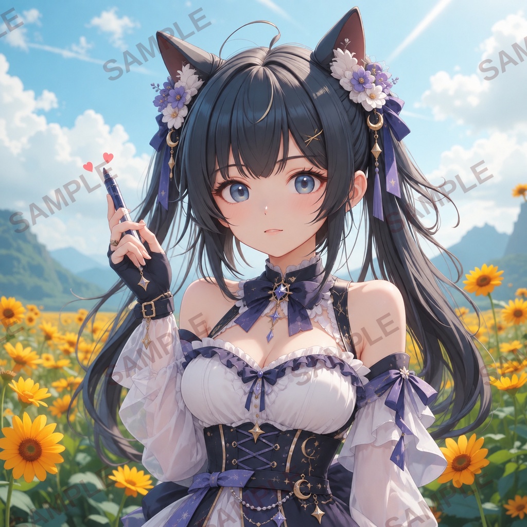 【3枚セット】青と白の幻想・猫耳少女のデジタルイラスト
