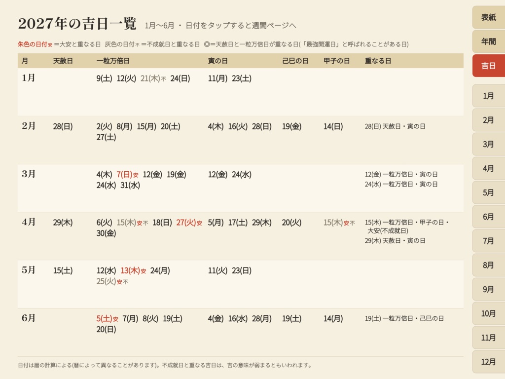 2027年 吉日デジタル手帳|六曜・一粒万倍日・天赦日入り デジタルプランナー(PDF)