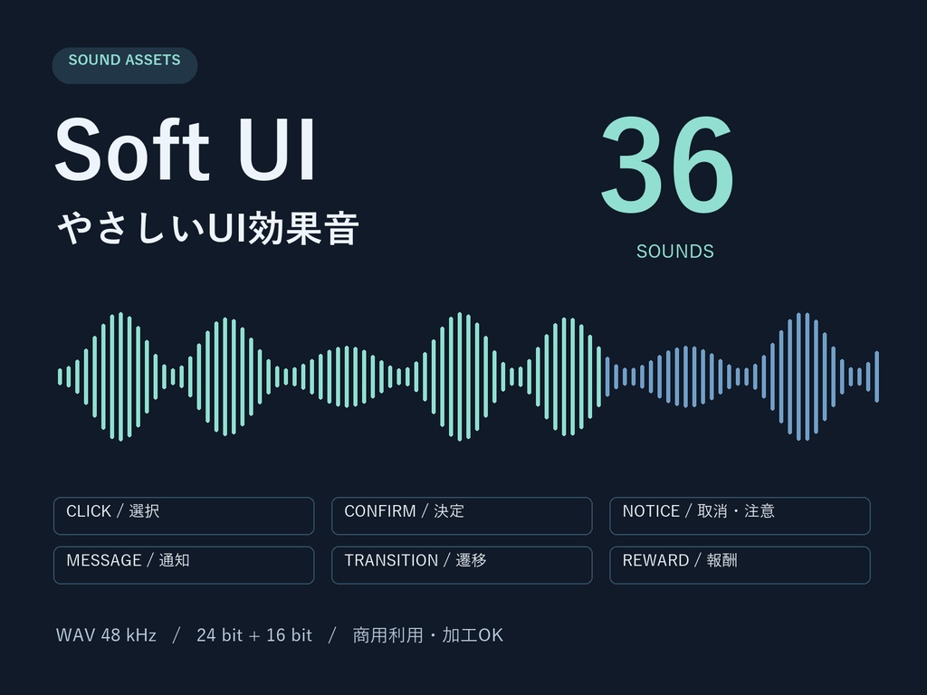 やさしいUI効果音36種｜試聴一覧付き・決定・通知・報酬｜WAV＋OGG｜Soft UI SFX 01