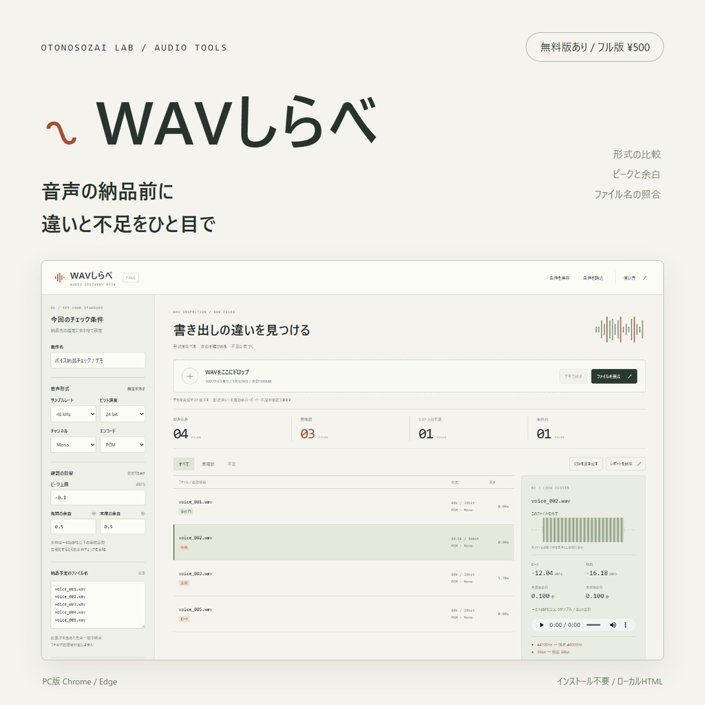 【無料版あり】WAVしらべ｜音声の納品前チェック｜形式・余白・ファイル不足