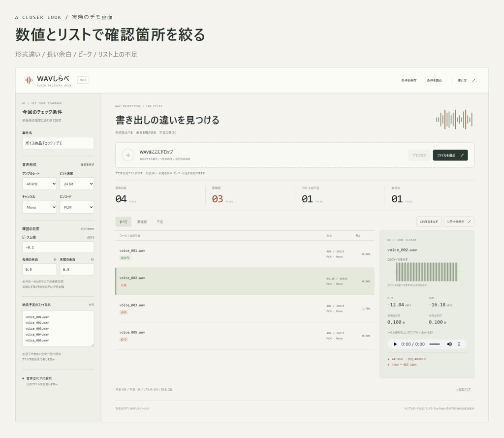 【無料版あり】WAVしらべ|音声の納品前チェック|形式・余白・ファイル不足