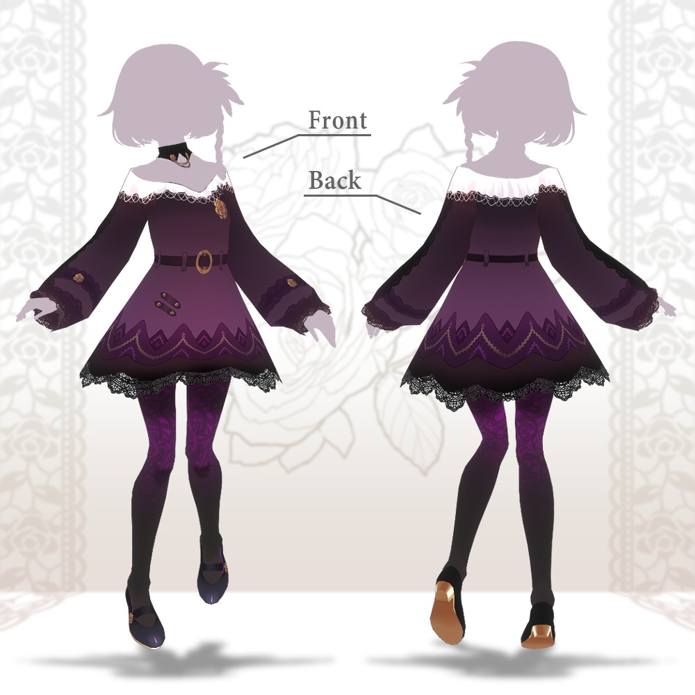 【試着有】VRoid用テクスチャ 飾り襟付き肩出しワンピース(タイツ、パンプスセット)