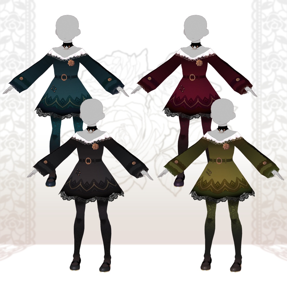 【試着有】VRoid用テクスチャ 飾り襟付き肩出しワンピース(タイツ、パンプスセット)