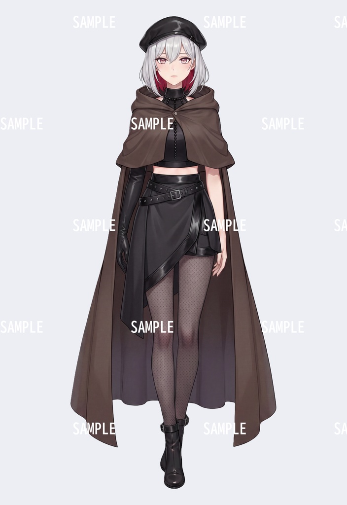 【立ち絵素材・表情差分12種】銀髪インナーカラーの女の子(ベレー帽・マント)透過PNG