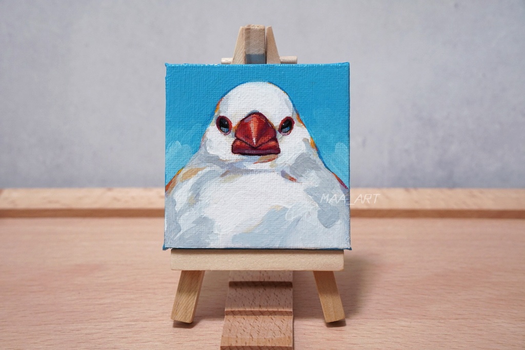 【アクリル画】証明写真な白文鳥 7.5cm角キャンバス