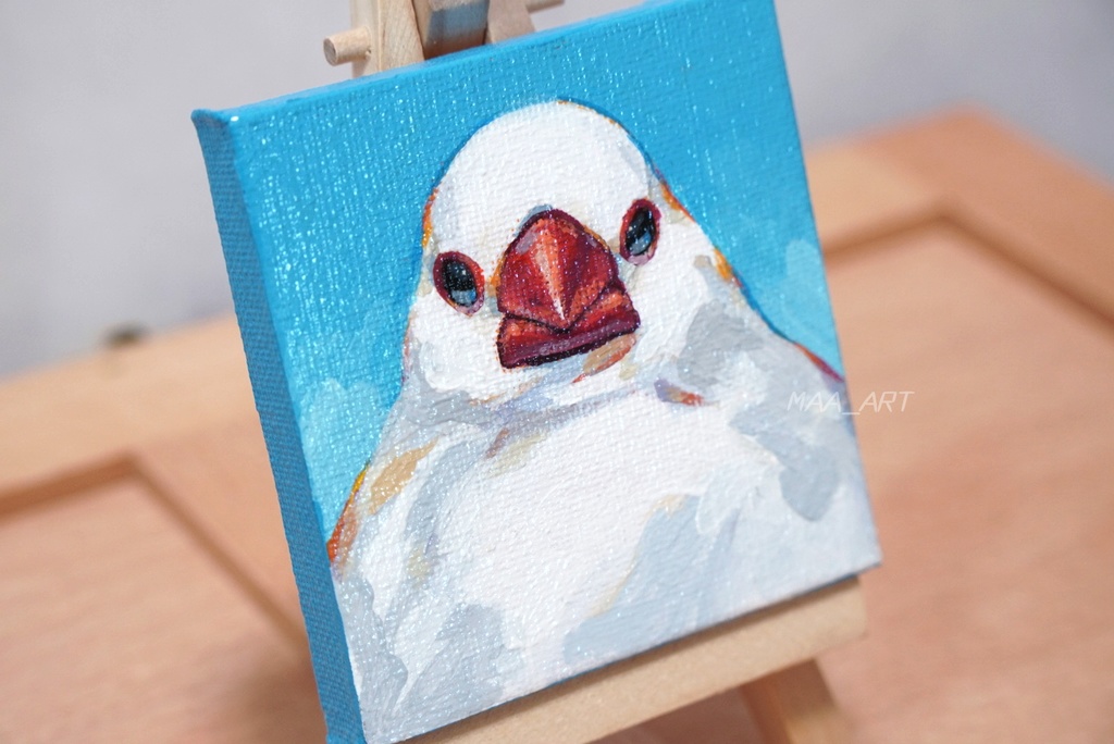 【アクリル画】証明写真な白文鳥 7.5cm角キャンバス