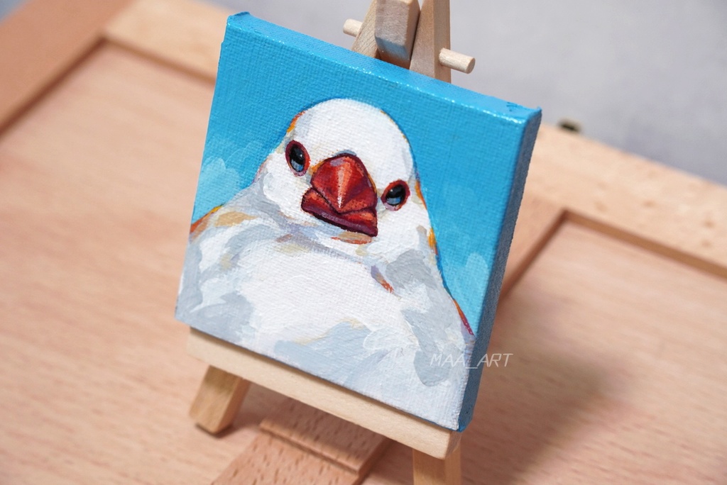 【アクリル画】証明写真な白文鳥 7.5cm角キャンバス