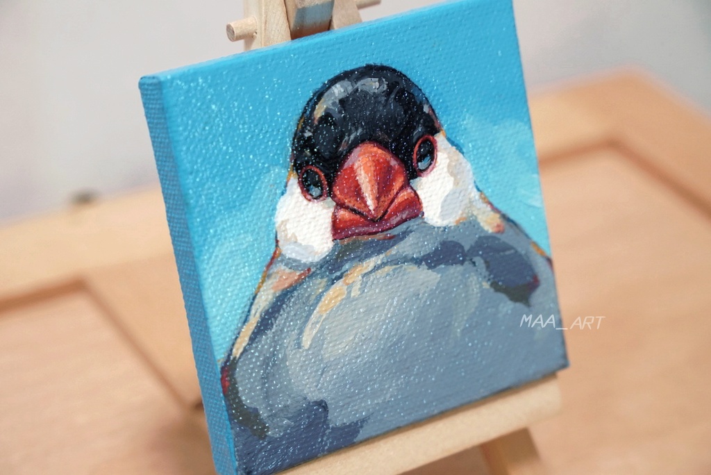 【アクリル画】証明写真な桜文鳥 7.5cm角キャンバス