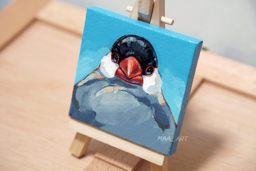 【アクリル画】証明写真な桜文鳥 7.5cm角キャンバス