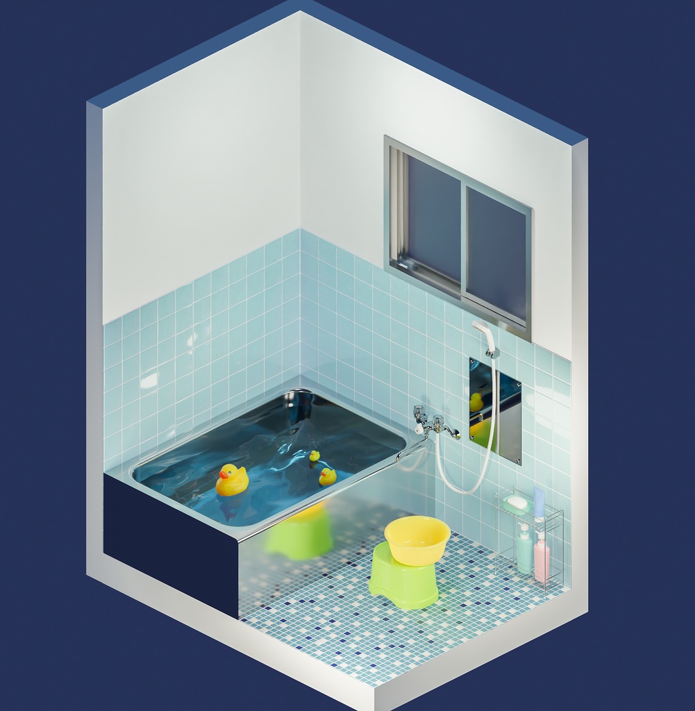 漫画用3D】昭和な浴室＆小物セット きみどりの素材屋さん BOOTH