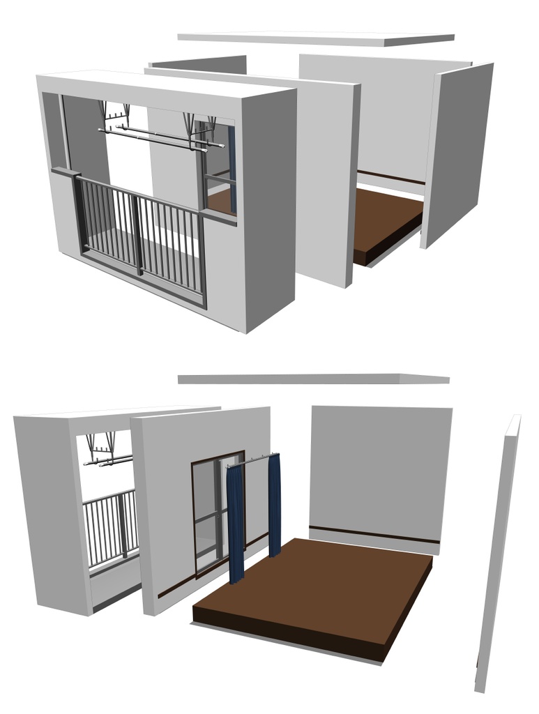 【漫画用3D】ベランダ付きの部屋(ベランダ2種・窓4種・カーテン4種付き)