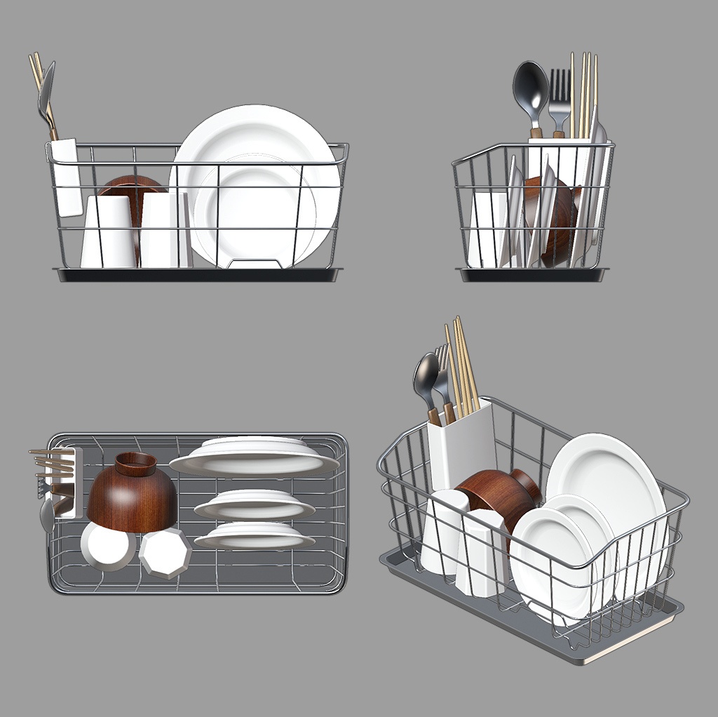 【漫画用3D】食器かごと食器のセット