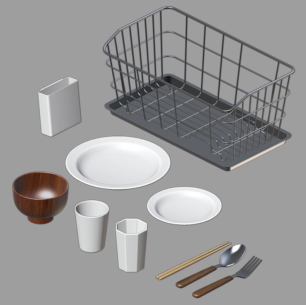 【漫画用3D】食器かごと食器のセット