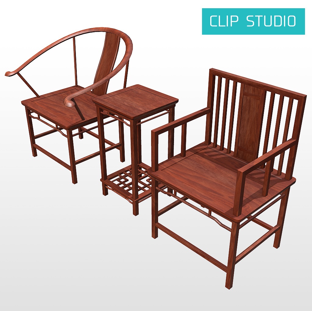 【漫画用3D】中華風の椅子とサイドテーブルのセット