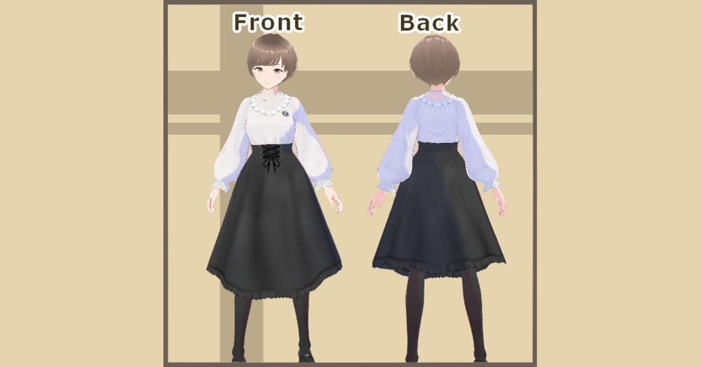 上品フリルレース使いブラウスとハイウエストコルセットスカート(取り外せるブローチ付き)