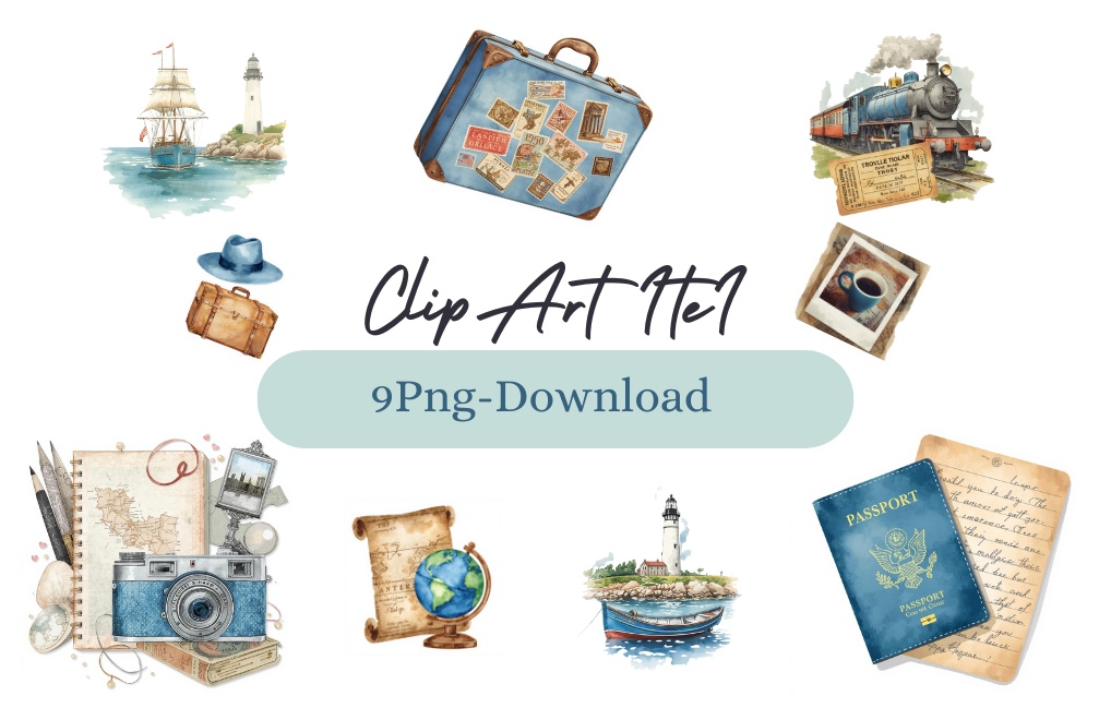 アンティーク風の旅行クリップアートセット　（PNG形式）