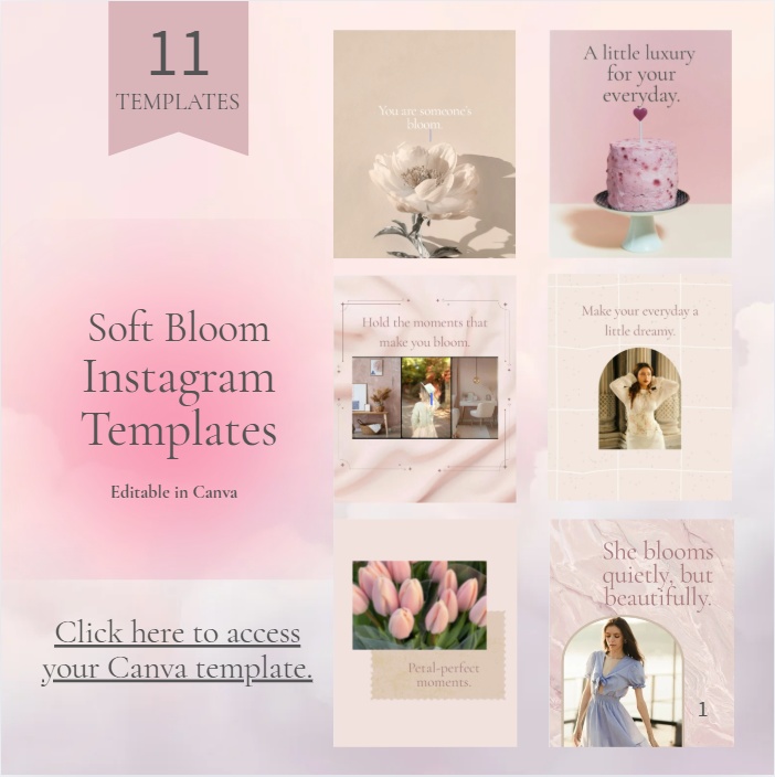 Canva対応 | 淡色ピンクのInstagramテンプレート11枚セット