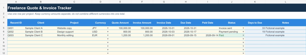 Freelance Quote & Invoice Tracker|見積・請求・入金管理 Excelテンプレート