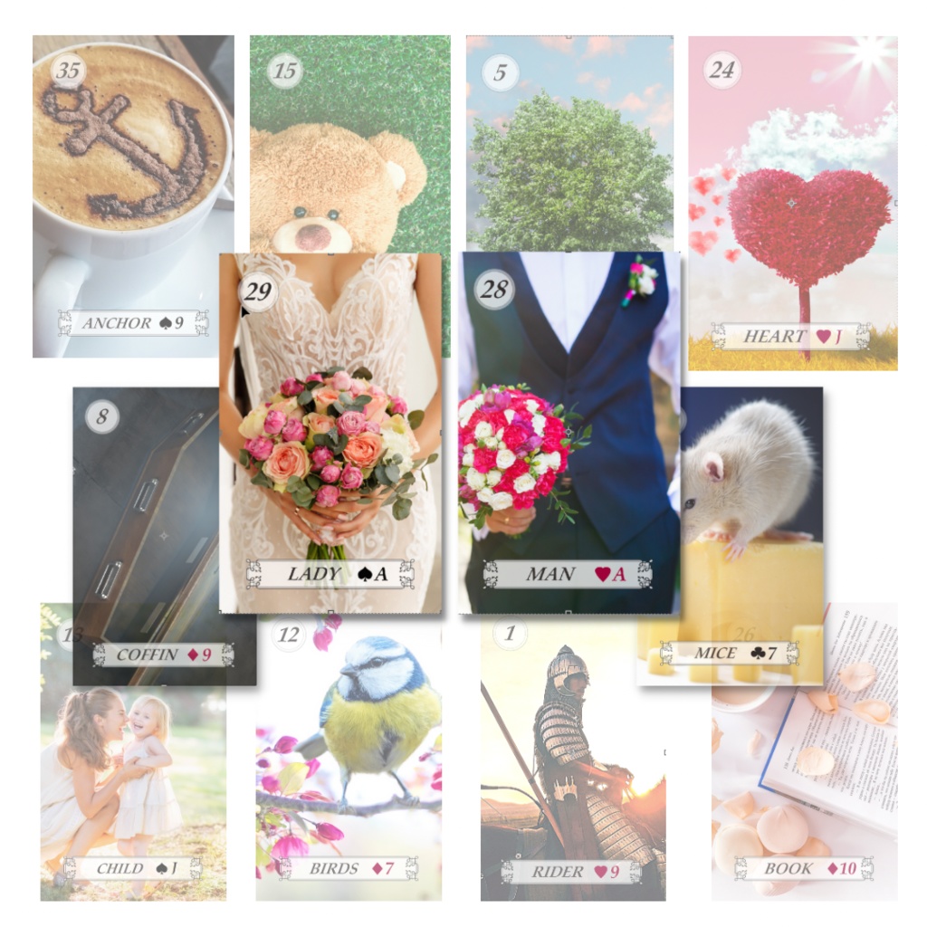 色鮮やかでかわいい♡パワフル・ルノルマンカードミニサイズ３６枚　巾着＋プチ解説メモ付き