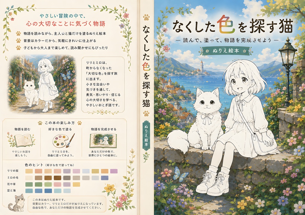 なくした色を探す猫|読んで、塗って、物語を完成させるPDFぬりえ絵本
