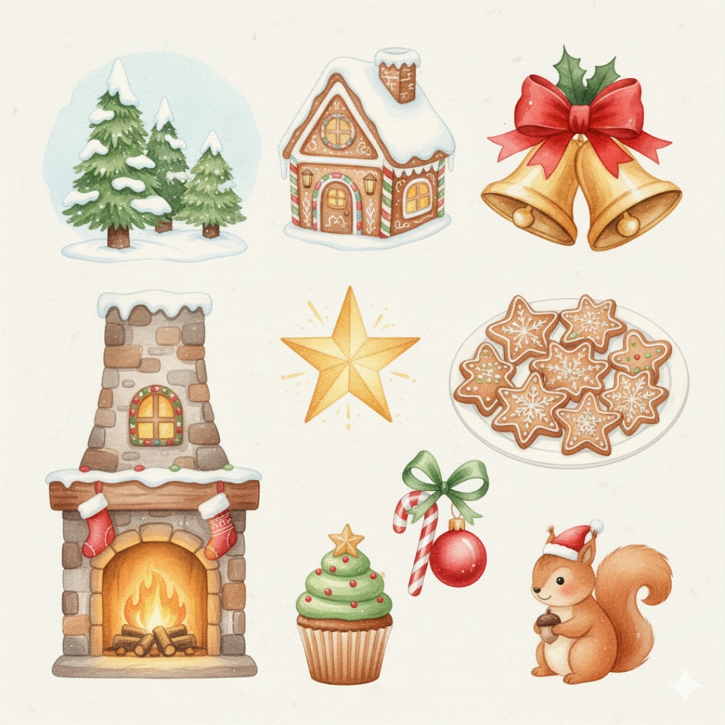 水彩画風クリスマスクリップアート(PNG)