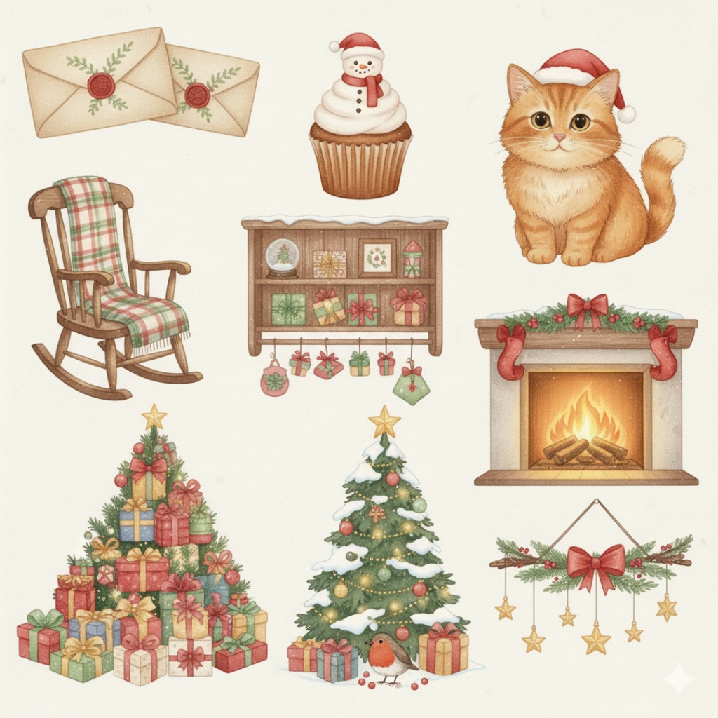 水彩画風クリスマスクリップアート(PNG)