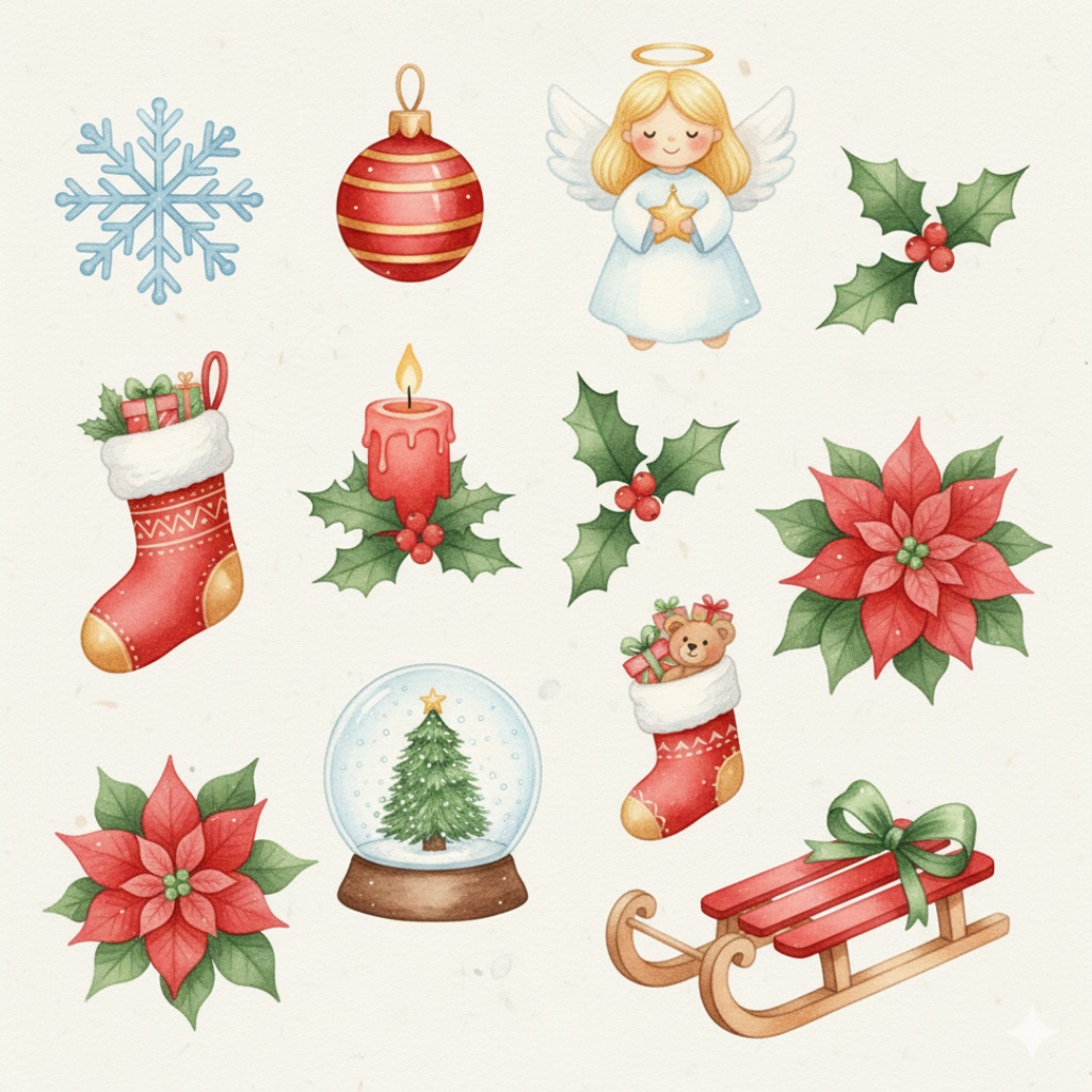 水彩画風クリスマスクリップアート(PNG)