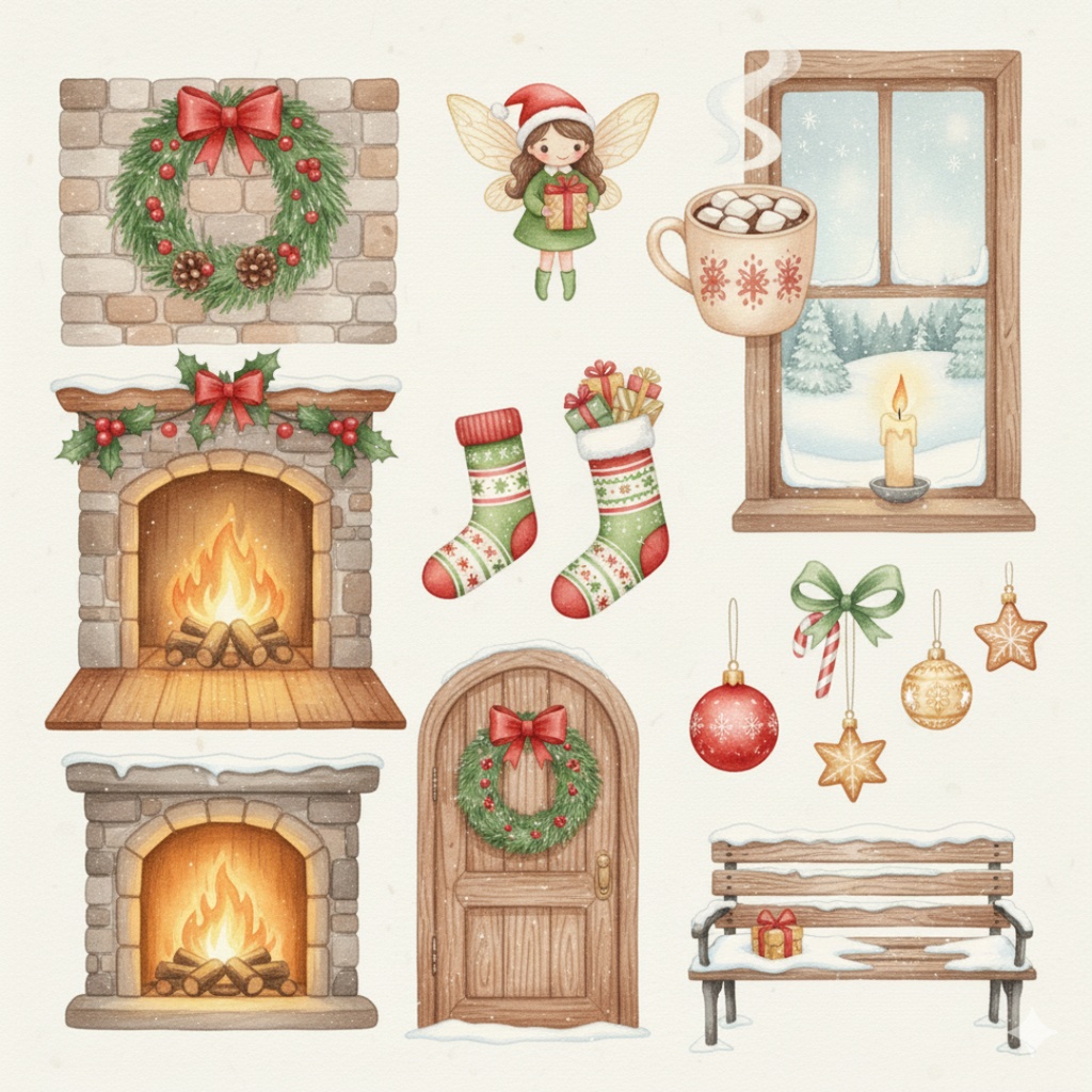 水彩画風クリスマスクリップアート(PNG)