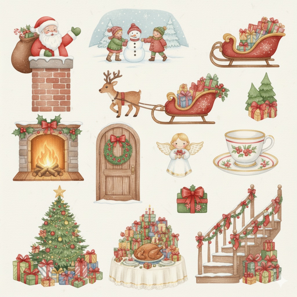 水彩画風クリスマスクリップアート(PNG)