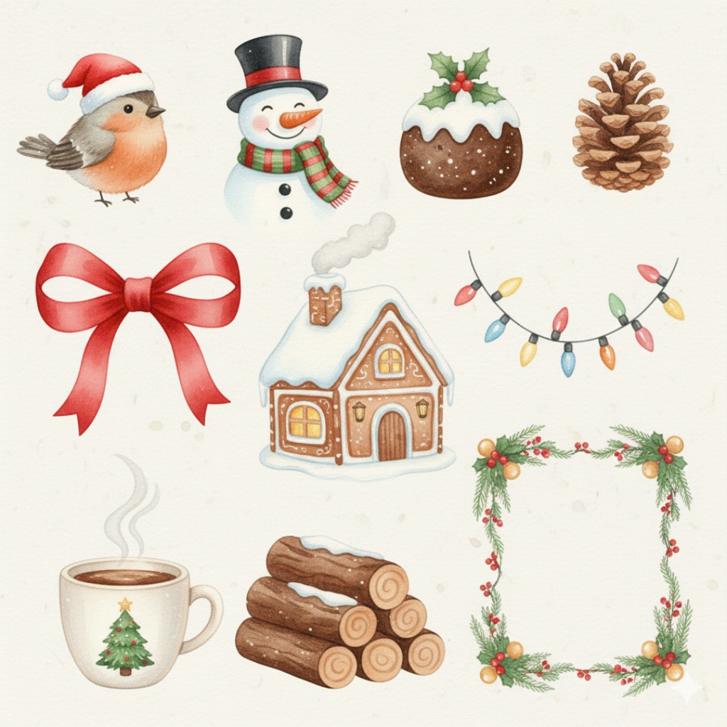 水彩画風クリスマスクリップアート(PNG)