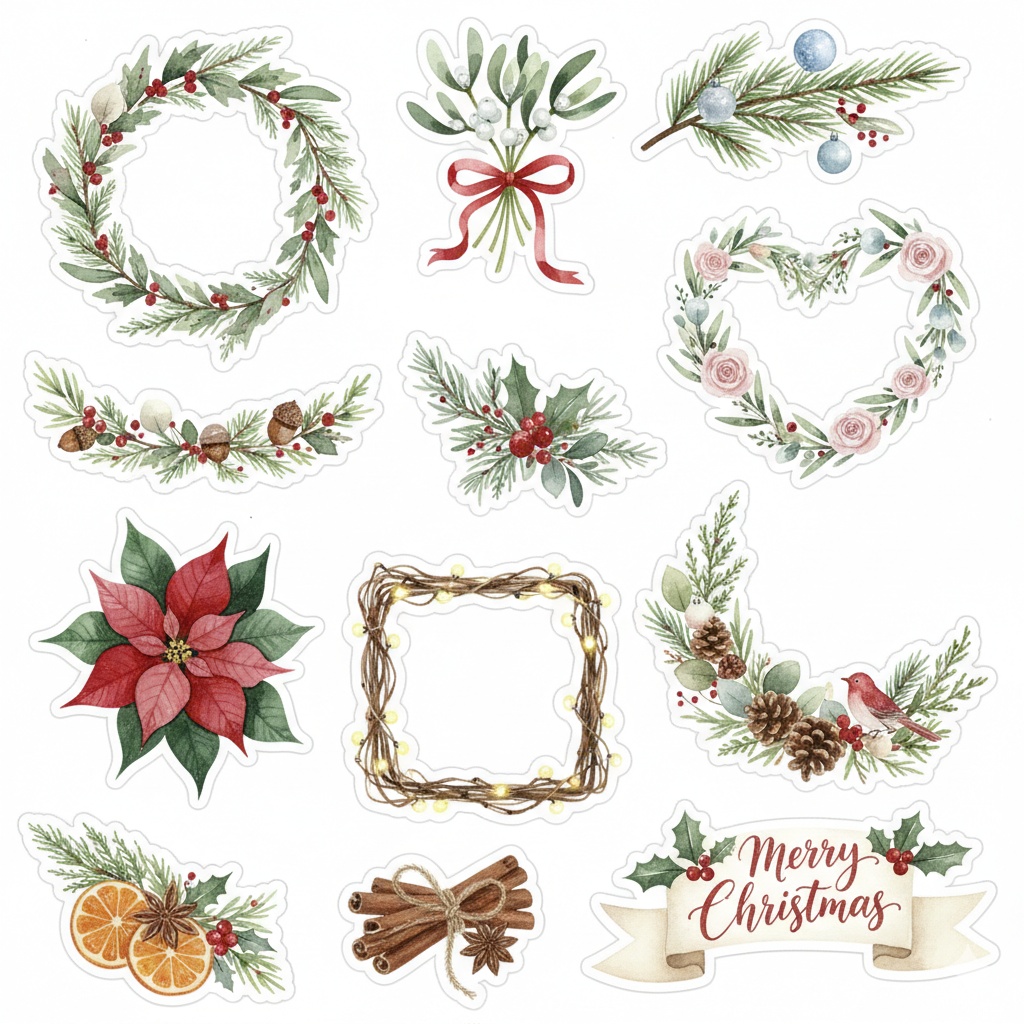 ふんわり水彩のクリスマスリーフ素材 〈背景透過PNG〉