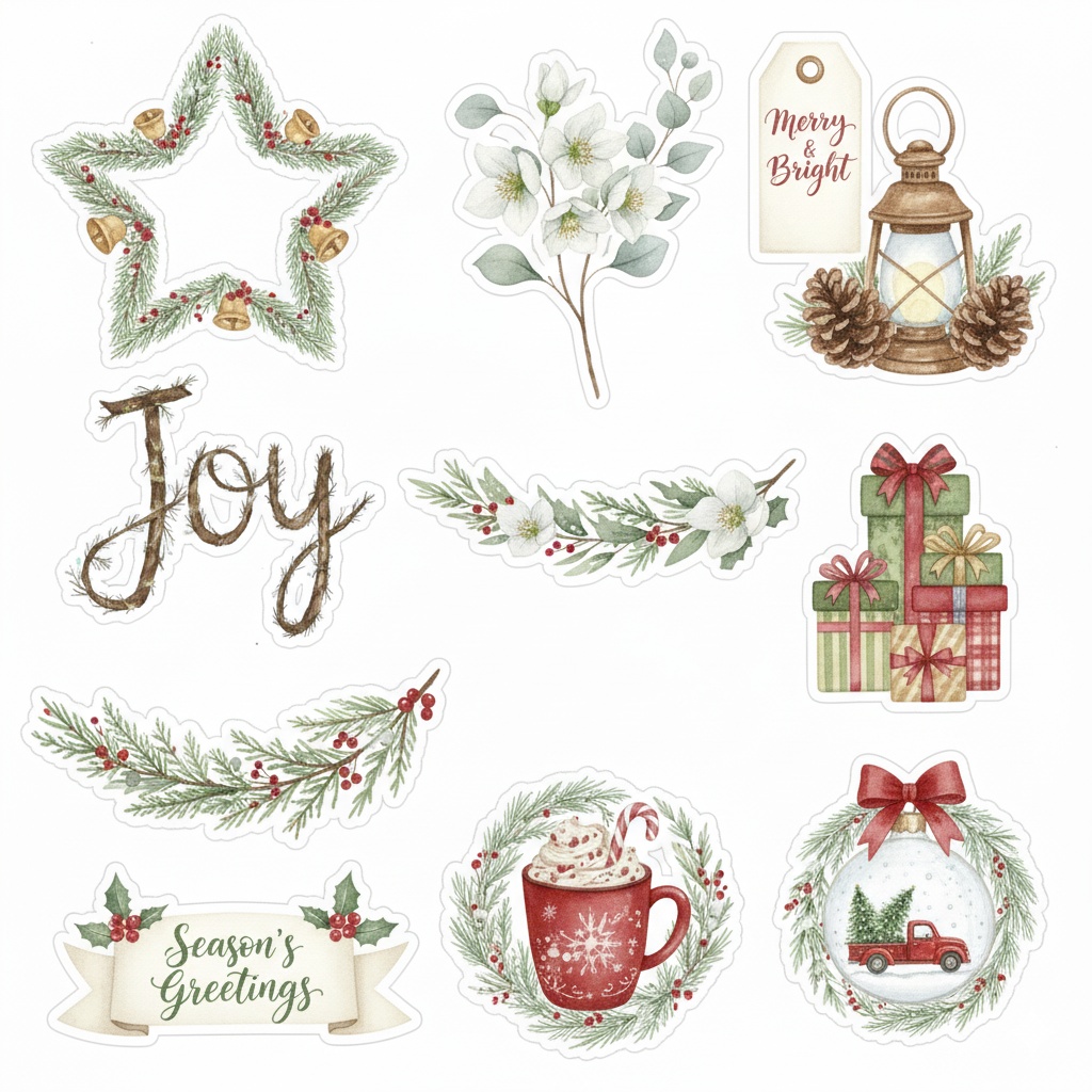 ふんわり水彩のクリスマスリーフ素材 〈背景透過PNG〉