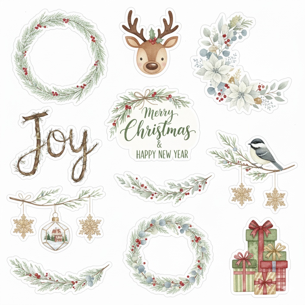 ふんわり水彩のクリスマスリーフ素材 〈背景透過PNG〉