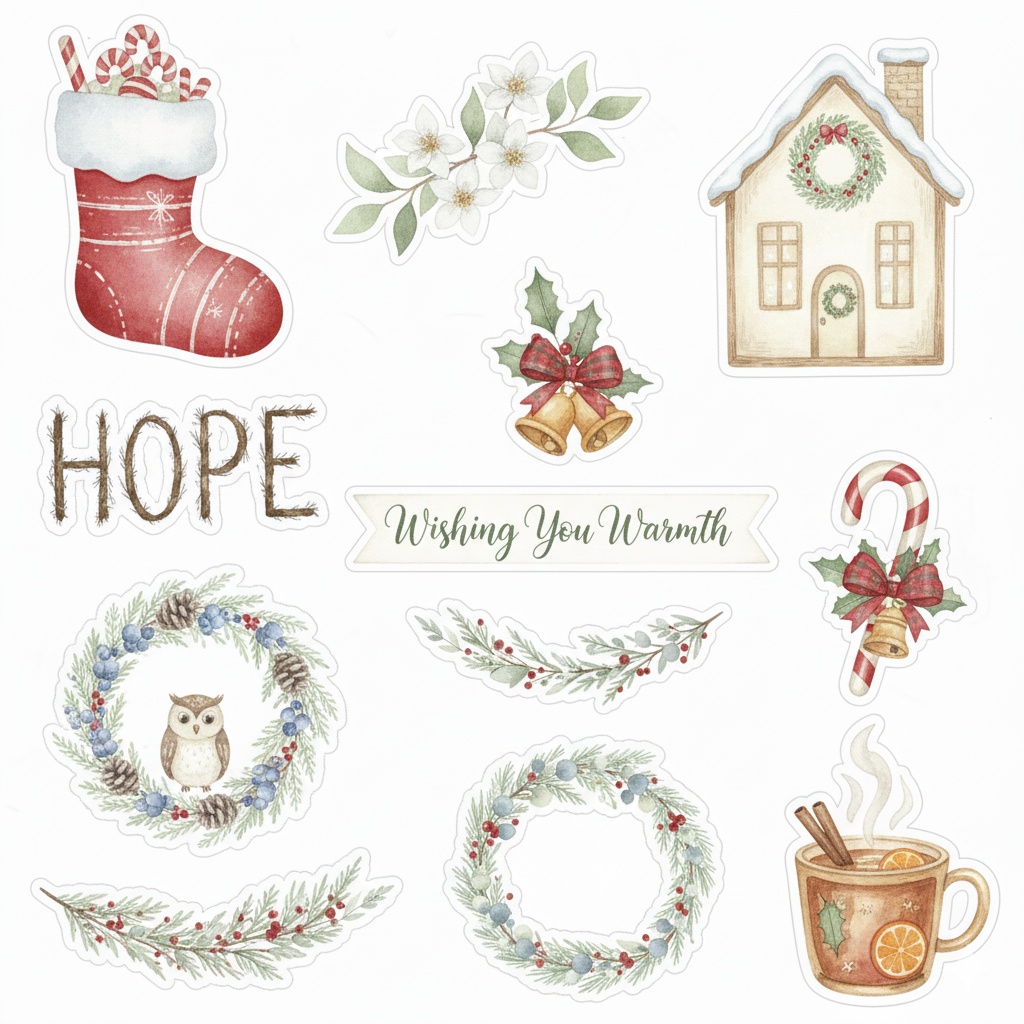 ふんわり水彩のクリスマスリーフ素材 〈背景透過PNG〉