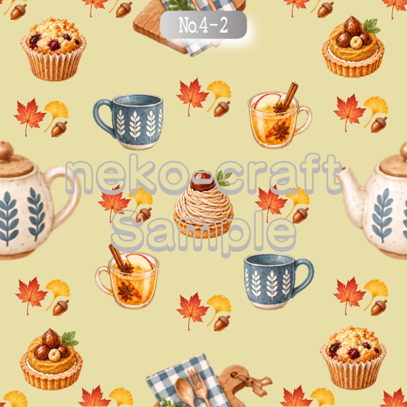 Cafe柄(秋・猫) | デジタルペーパー(シームレスパターン) 6枚セット | PNG DL素材