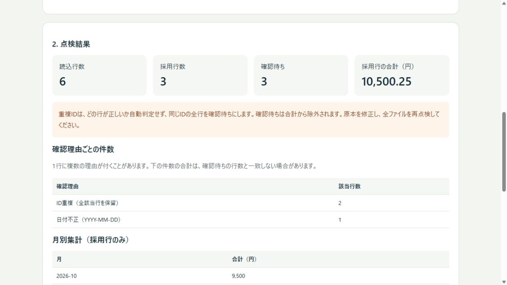 【無料】CSVの重複ID・入力不備チェック|月次CSV点検室 v0.2