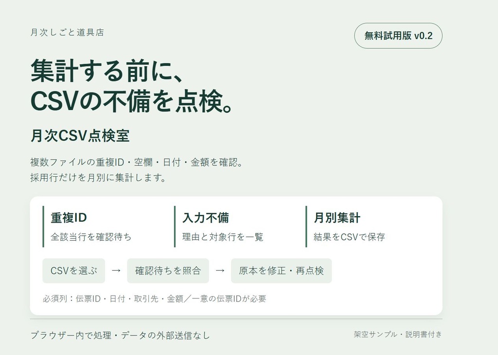 【無料】CSVの重複ID・入力不備チェック｜月次CSV点検室 v0.2