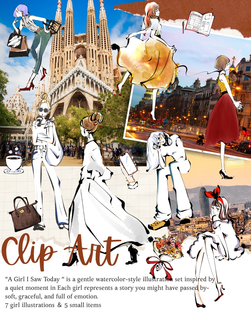街角のあの子｜水彩風ガールズイラストセット（12点）｜透過PNG