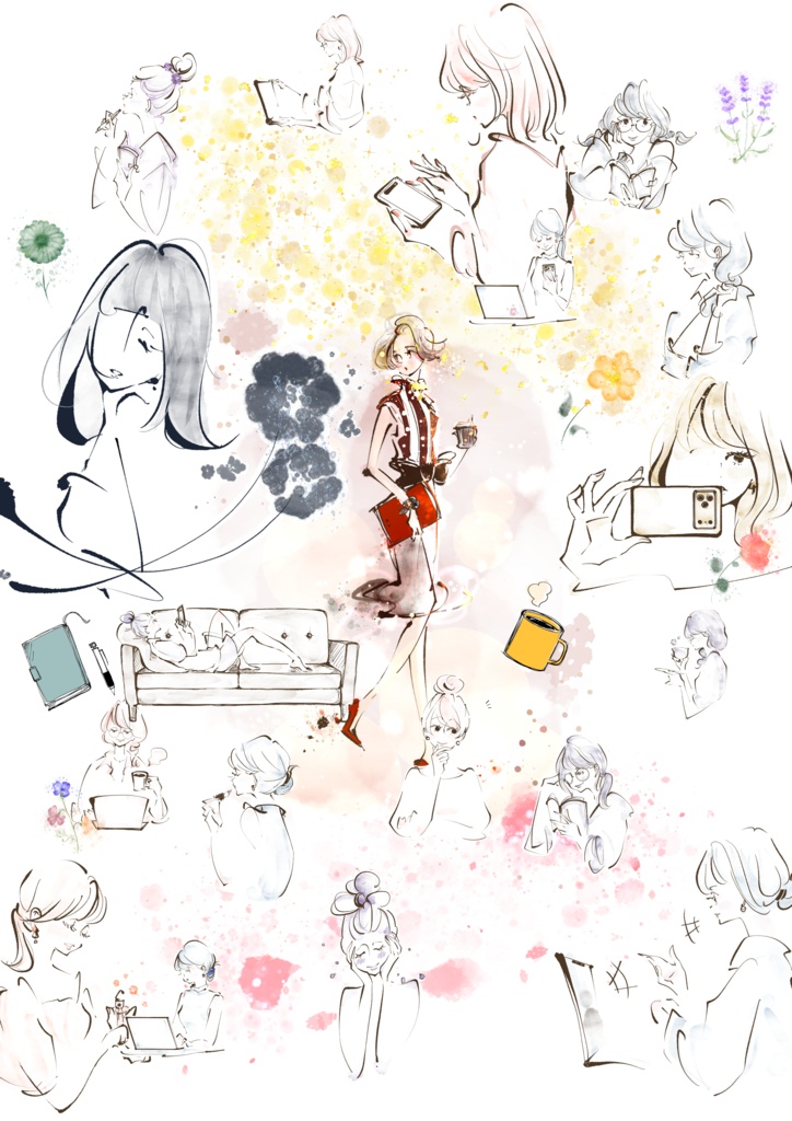 【商用利用可】働く女性のイラスト素材ー在宅ワーク30点セットー
