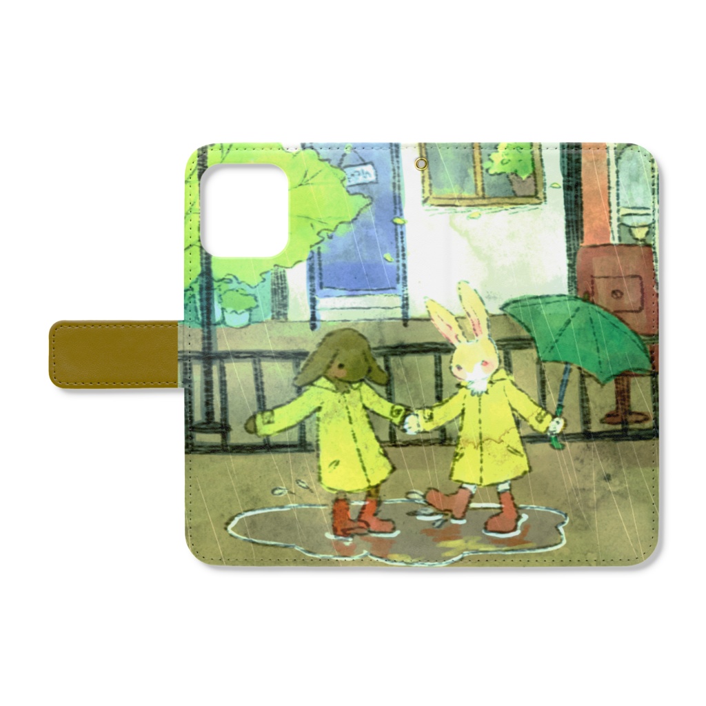 Rabbits Playing on a Rainy Day｜うさぎたちの雨の日の遊び　手帳型iPhoneケース  ストラップ穴 あり