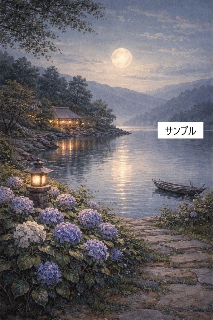月灯りの紫陽花｜日本絵画風・静夜の湖畔