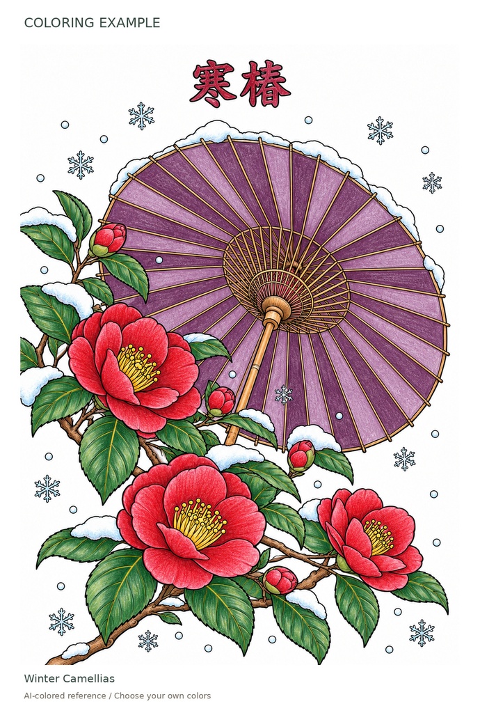 Quiet Winter in Japan|日本の冬と花の塗り絵16柄|文字も塗れるPDF・PNG / Printable Coloring Pages